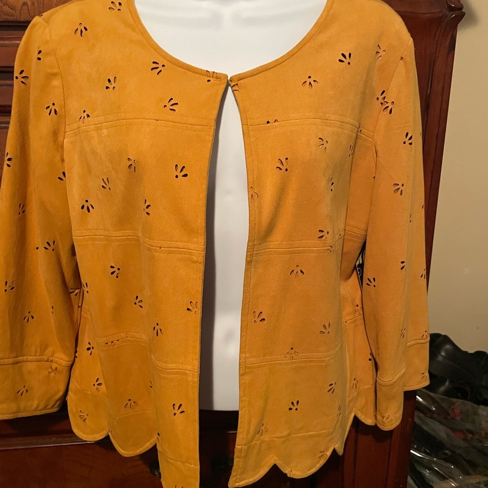 Multiples Yellow Blazer with Scalloped Hem and Embroidery